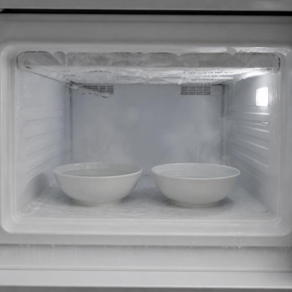 Recipientes com água morna dentro do freezer para acelerar o degelo com segurança