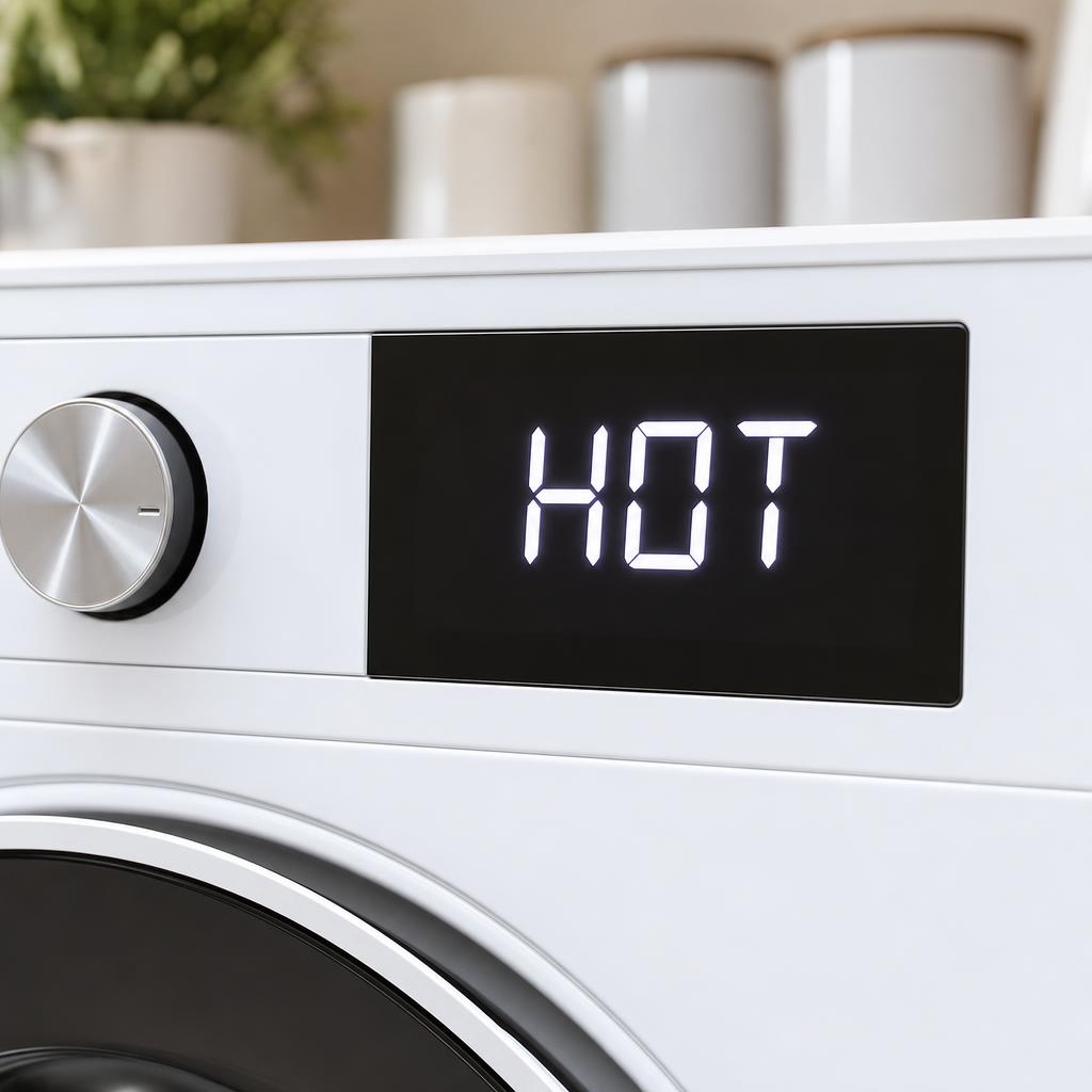 Painel de lava e seca Samsung exibindo a indicação HOT após o ciclo de secagem
