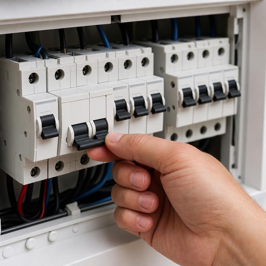 Disjuntor exclusivo do ar-condicionado sendo desligado no quadro elétrico para fazer o reset
