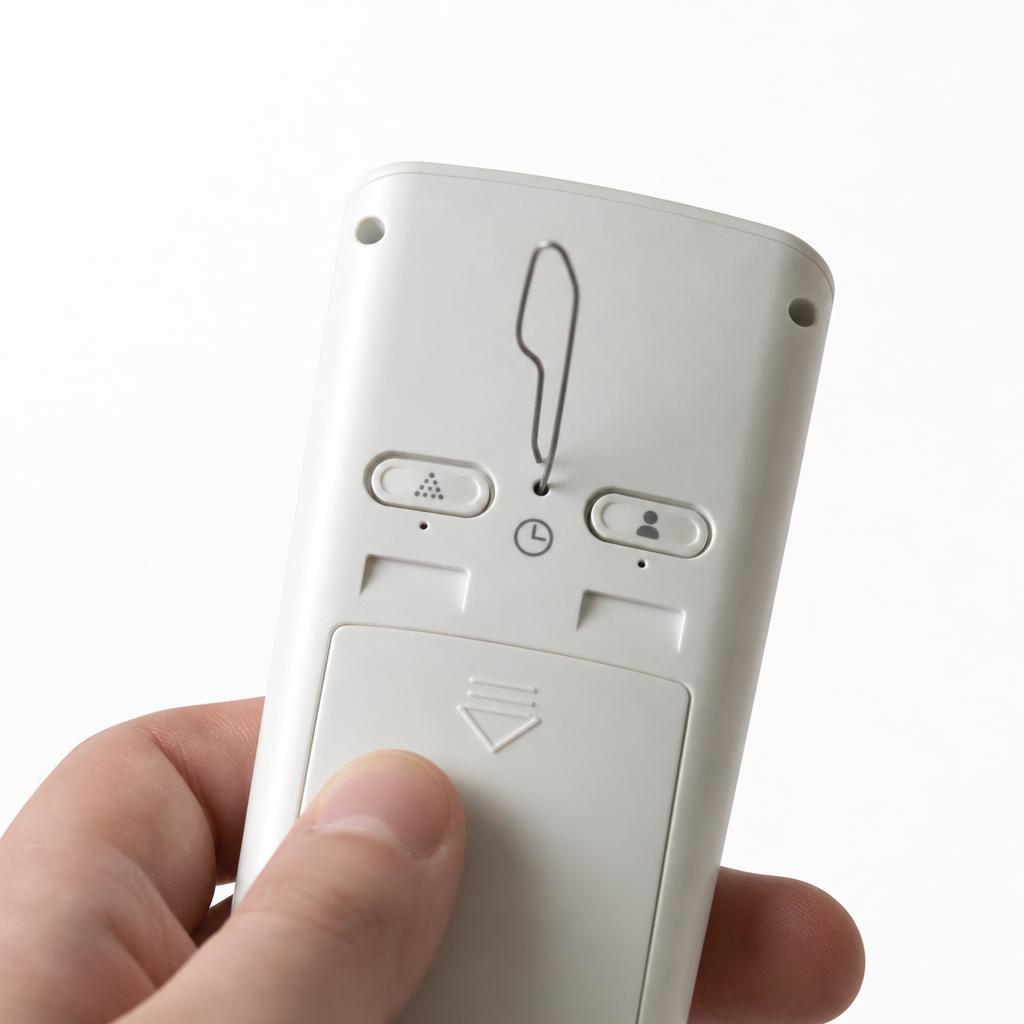 Controle remoto de ar-condicionado com um clipe pressionando o pequeno furo de reset