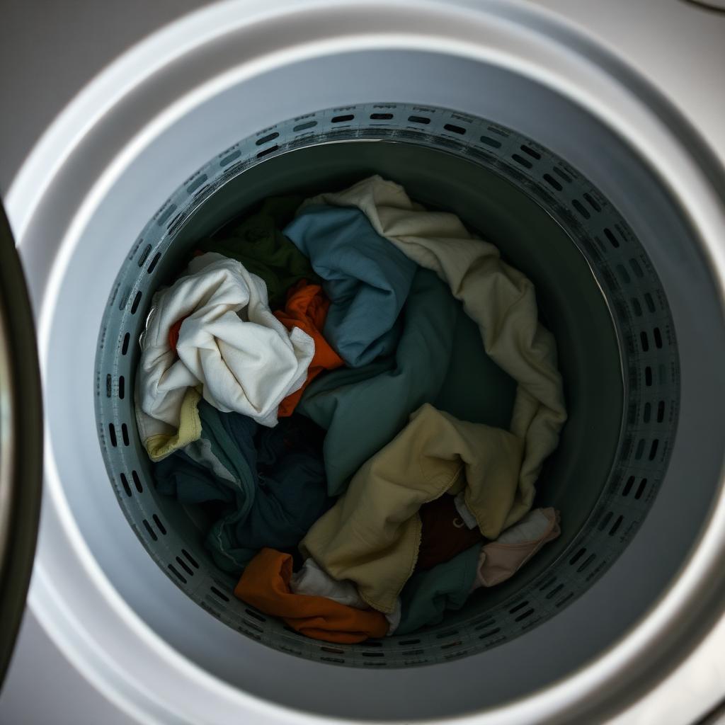 Cesto da lavadora parado com água e roupa encharcada após o ciclo interrompido