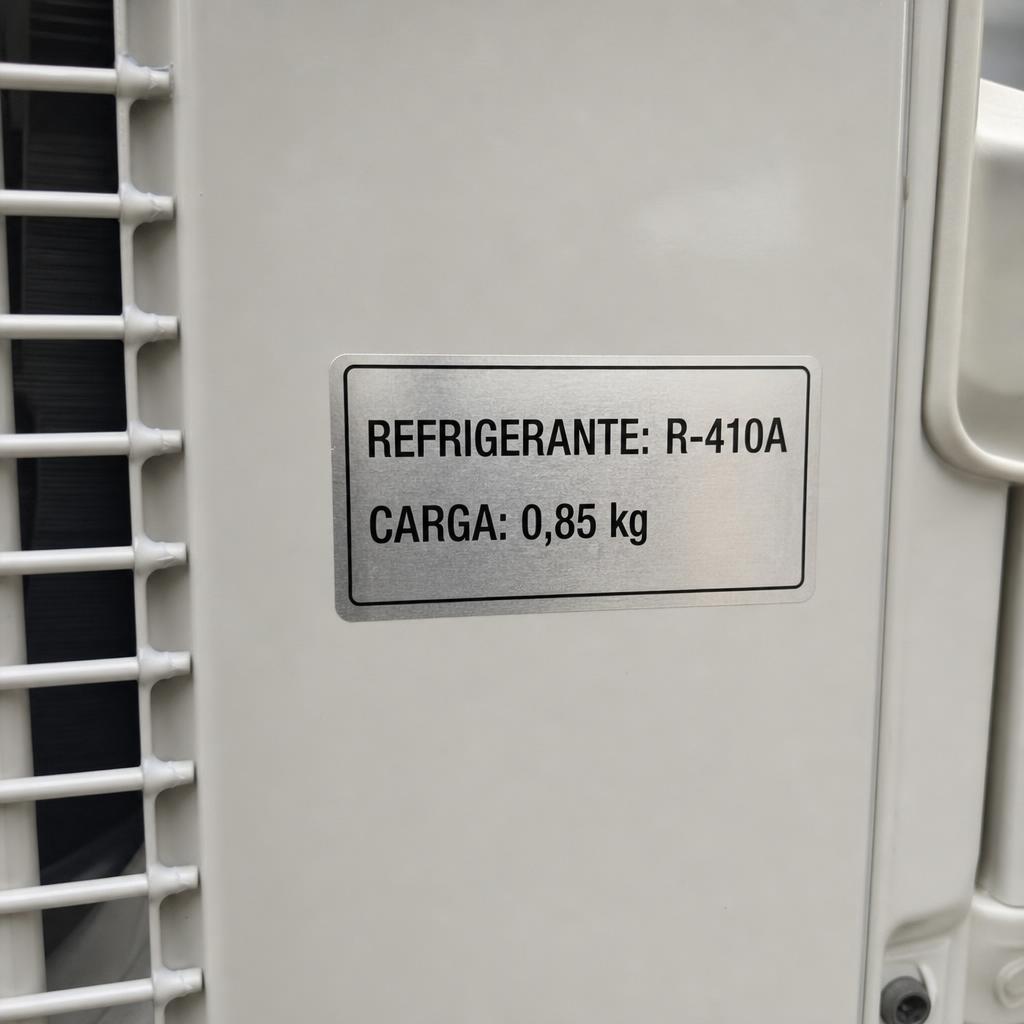 Etiqueta técnica na lateral da unidade condensadora indicando o tipo e a quantidade de gás refrigerante