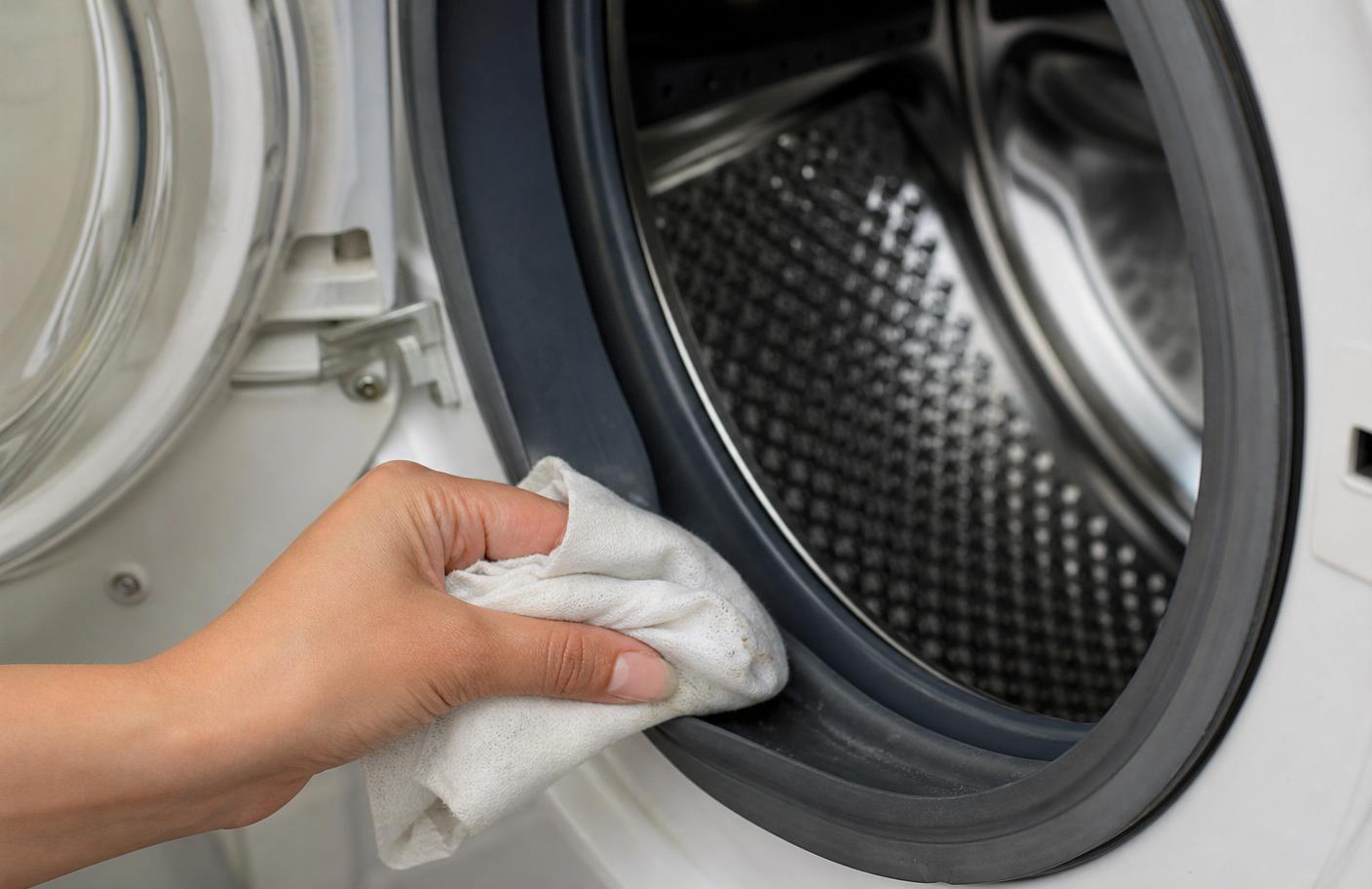 Borracha de vedação da porta de lava e seca sendo limpa com pano branco úmido após o ciclo Tub Clean
