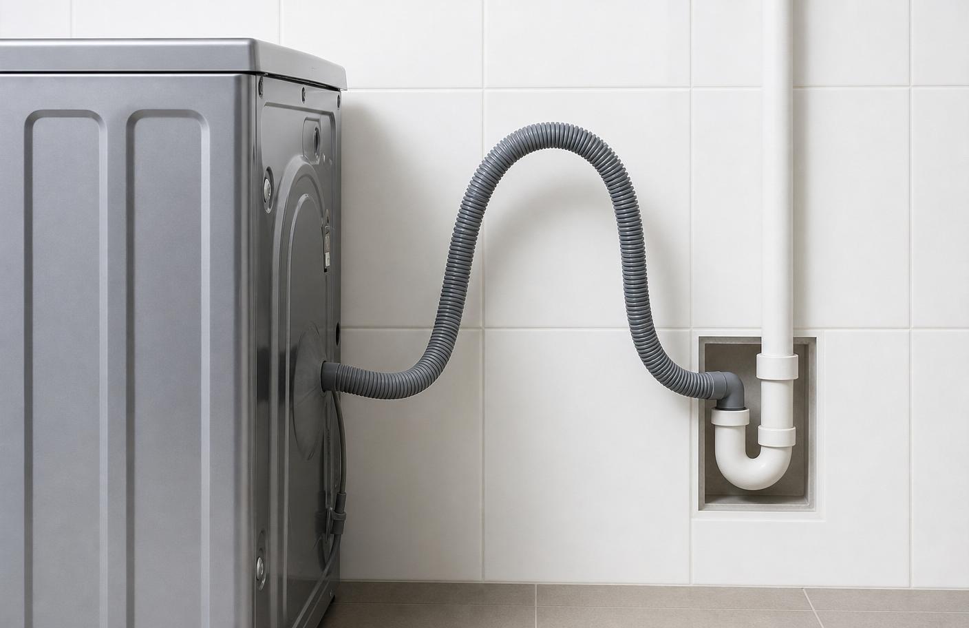 Mangueira de dreno de lava e seca instalada na altura correta especificada pelo manual, formando curva alta antes do sifão