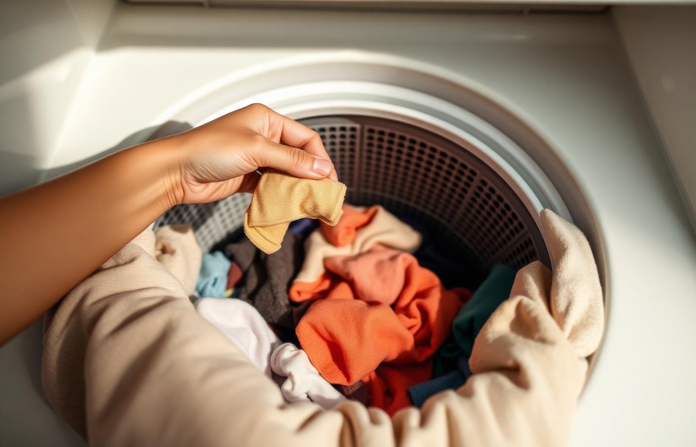 Mão redistribuindo peças de roupa dentro do cesto da lava e seca de abertura frontal