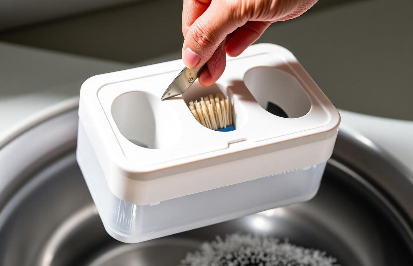 Gaveta do dispenser de sabão com acúmulo endurecido de resíduo sendo limpa com escovinha