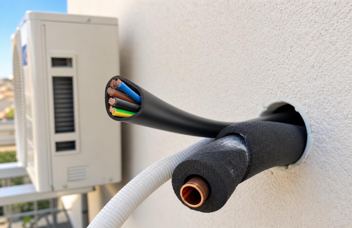 Cabo de interligação multicondutor com fios coloridos internos passando pelo furo da parede ao lado da tubulação de cobre isolada do split