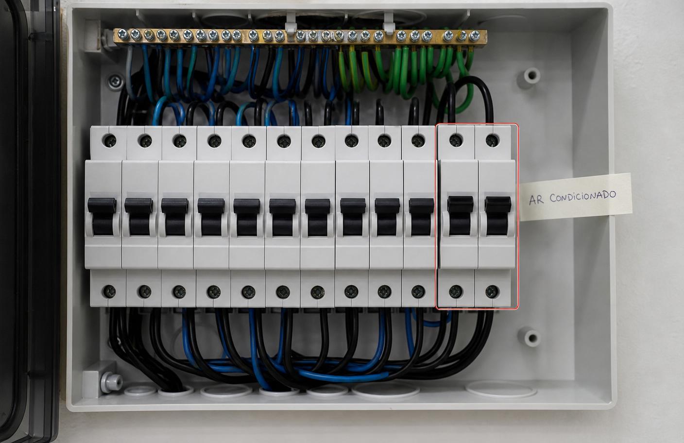 Quadro de distribuição elétrica com disjuntor bipolar identificado como exclusivo do ar-condicionado por etiqueta