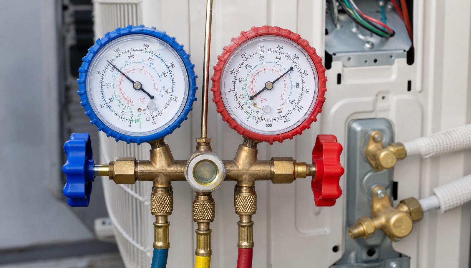 Manifold analógico com manômetros de alta e baixa pressão conectado ao registro de serviço de um sistema com gás R-410A