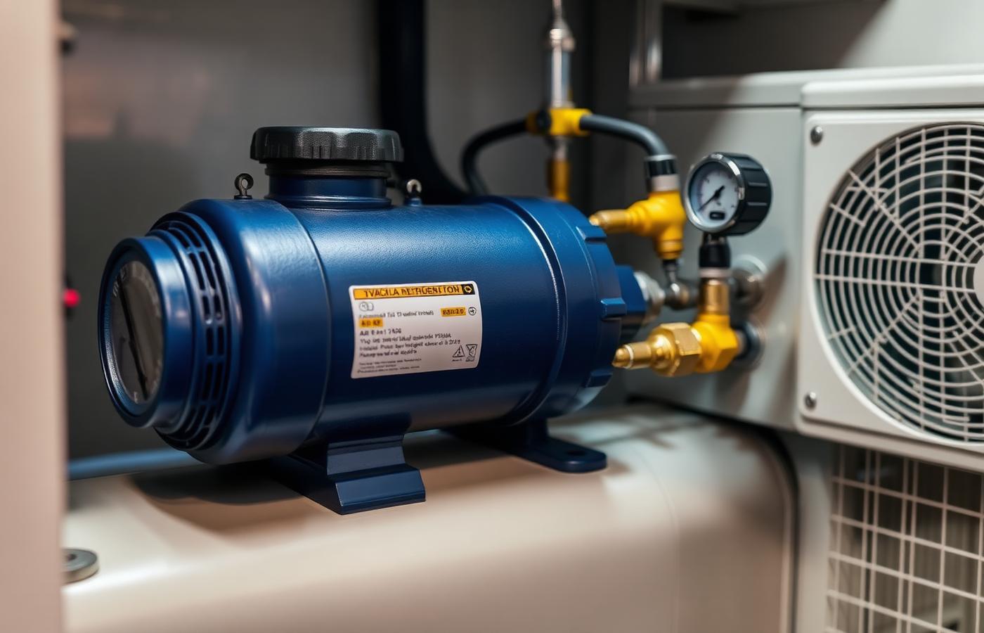Bomba de vácuo profissional de refrigeração conectada ao manifold e à unidade externa do split, com vacuômetro eletrônico ao lado