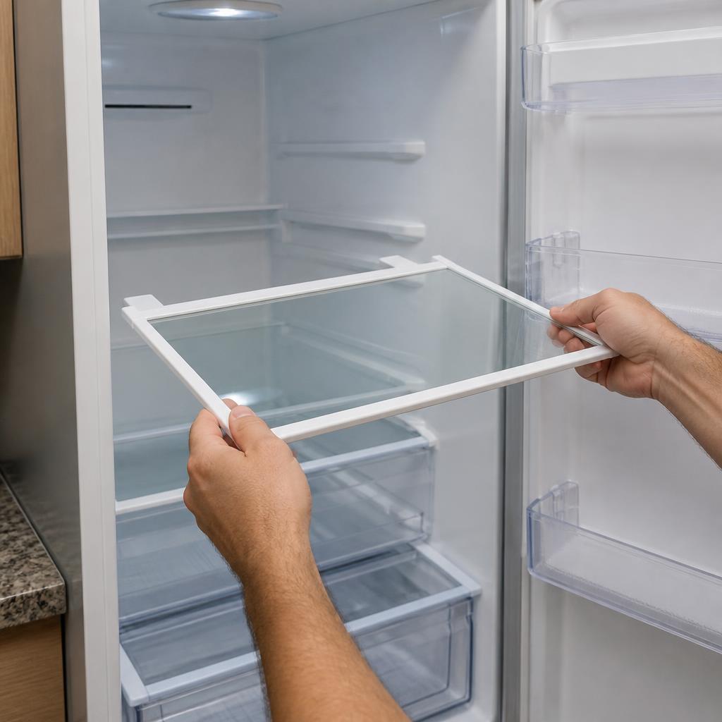 Prateleiras de vidro sendo retiradas da geladeira antes do transporte