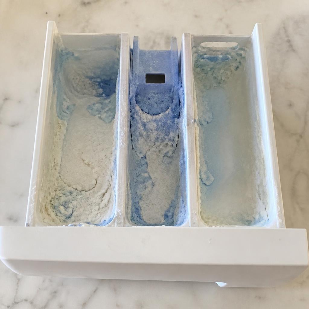 Dispenser da máquina de lavar com acúmulo endurecido de sabão e amaciante