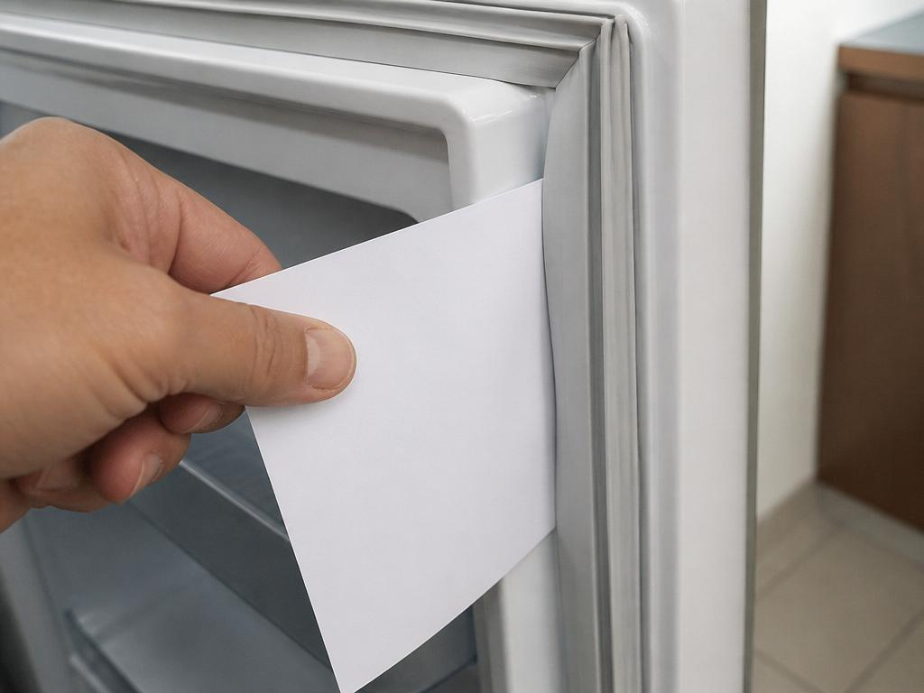 Folha de papel presa na borracha da porta da geladeira para testar a vedação