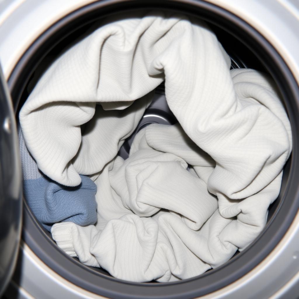 Roupas distribuídas no cesto alternando peças grandes e pequenas, com espaço para circular