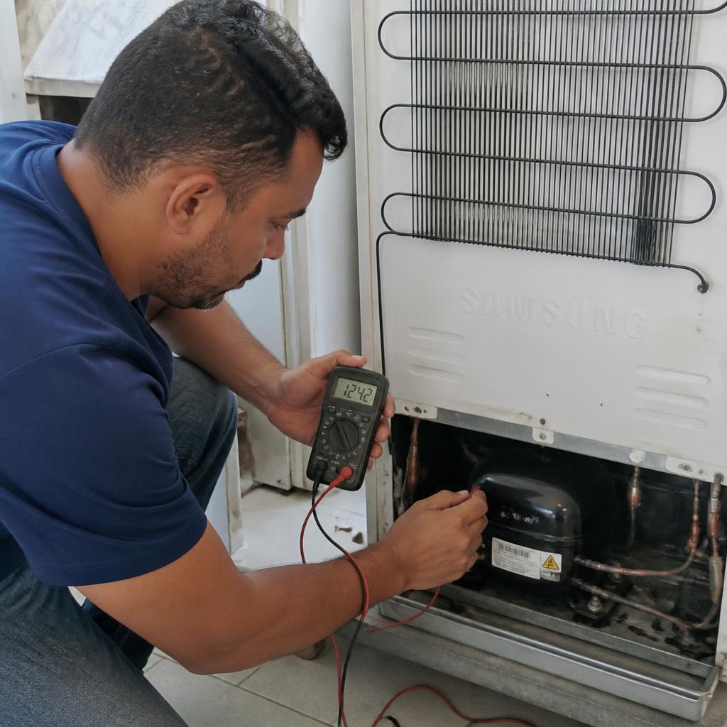 Técnico verificando o condensador e o compressor na traseira de uma geladeira Samsung