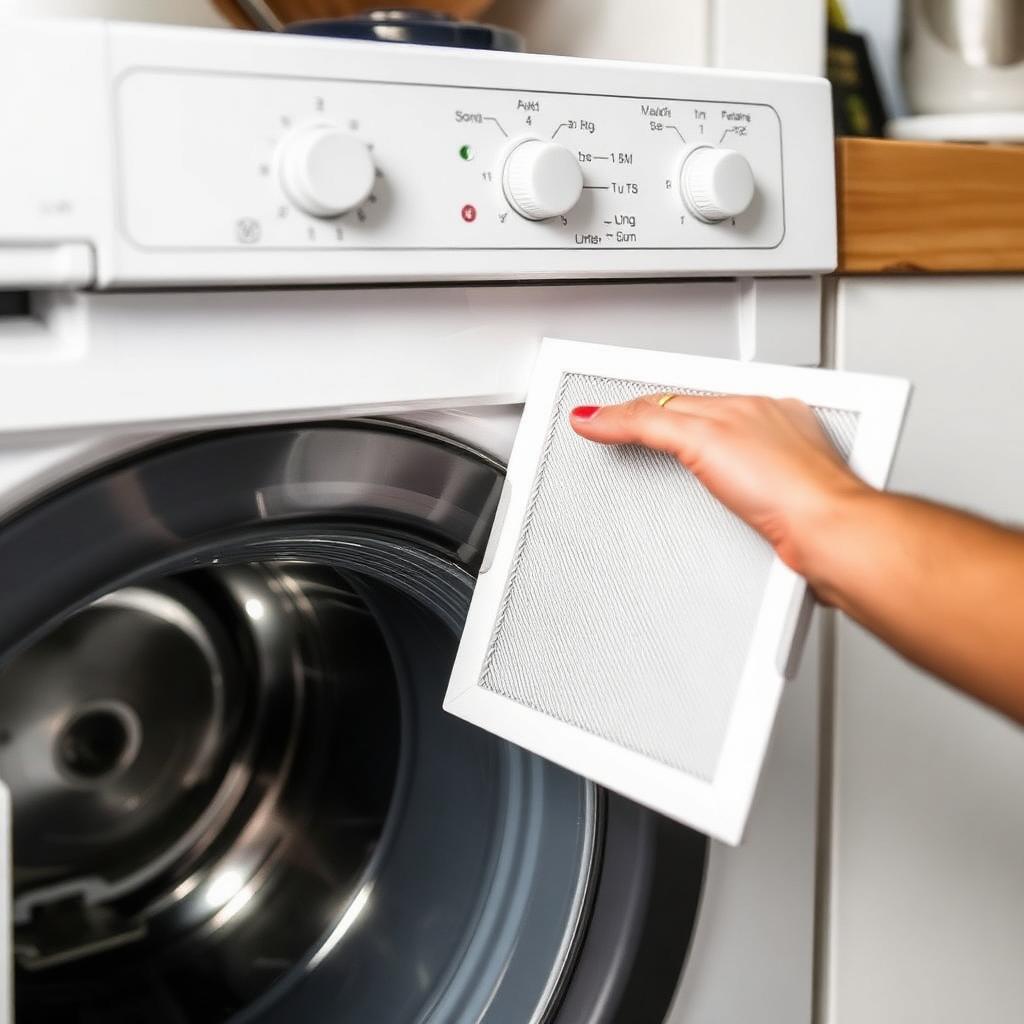 Filtro de ar da lava e seca Electrolux sendo recolocado no encaixe correto