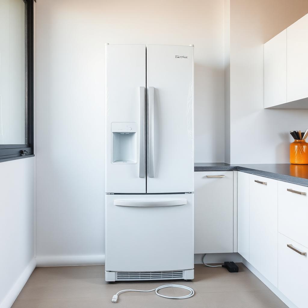 Geladeira Electrolux nova recém-entregue, ainda com película de proteção, aguardando a primeira ligação