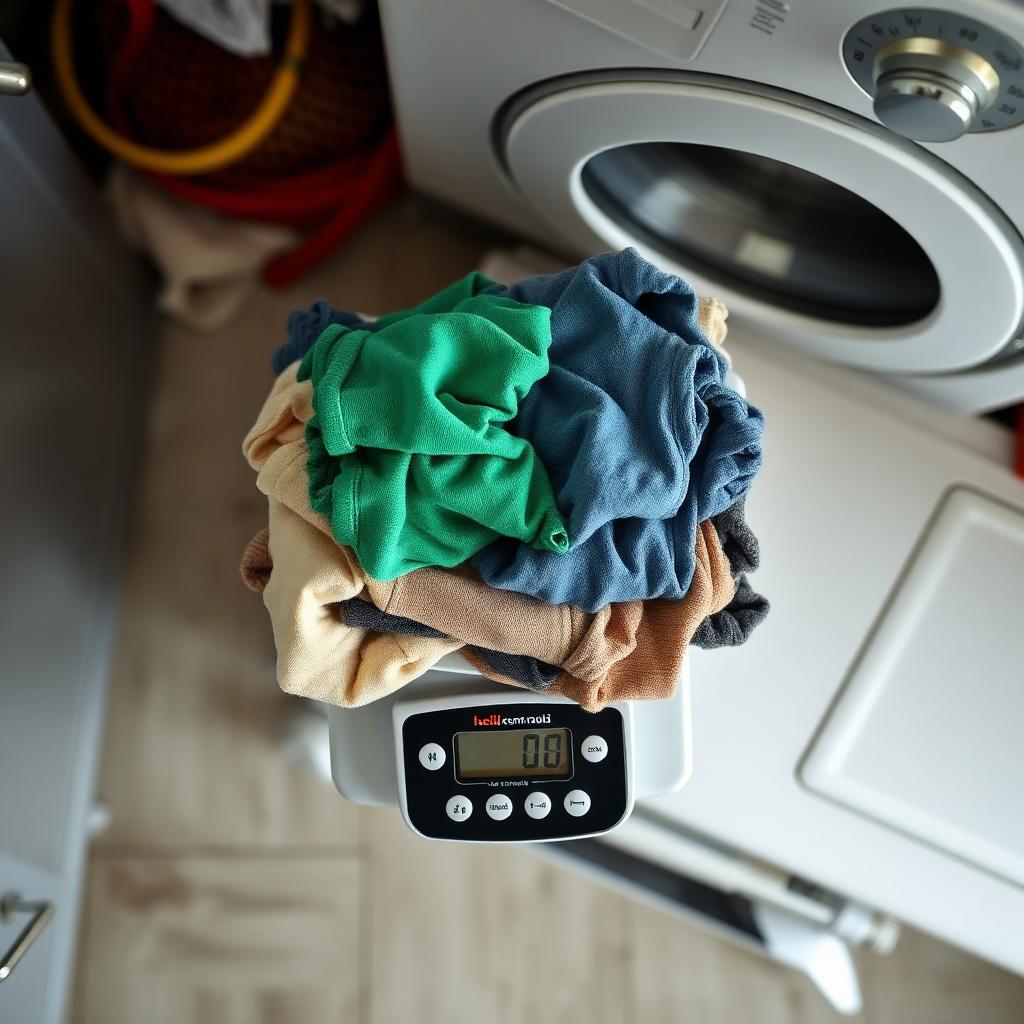 Roupas secas sendo pesadas antes de irem para a máquina de lavar