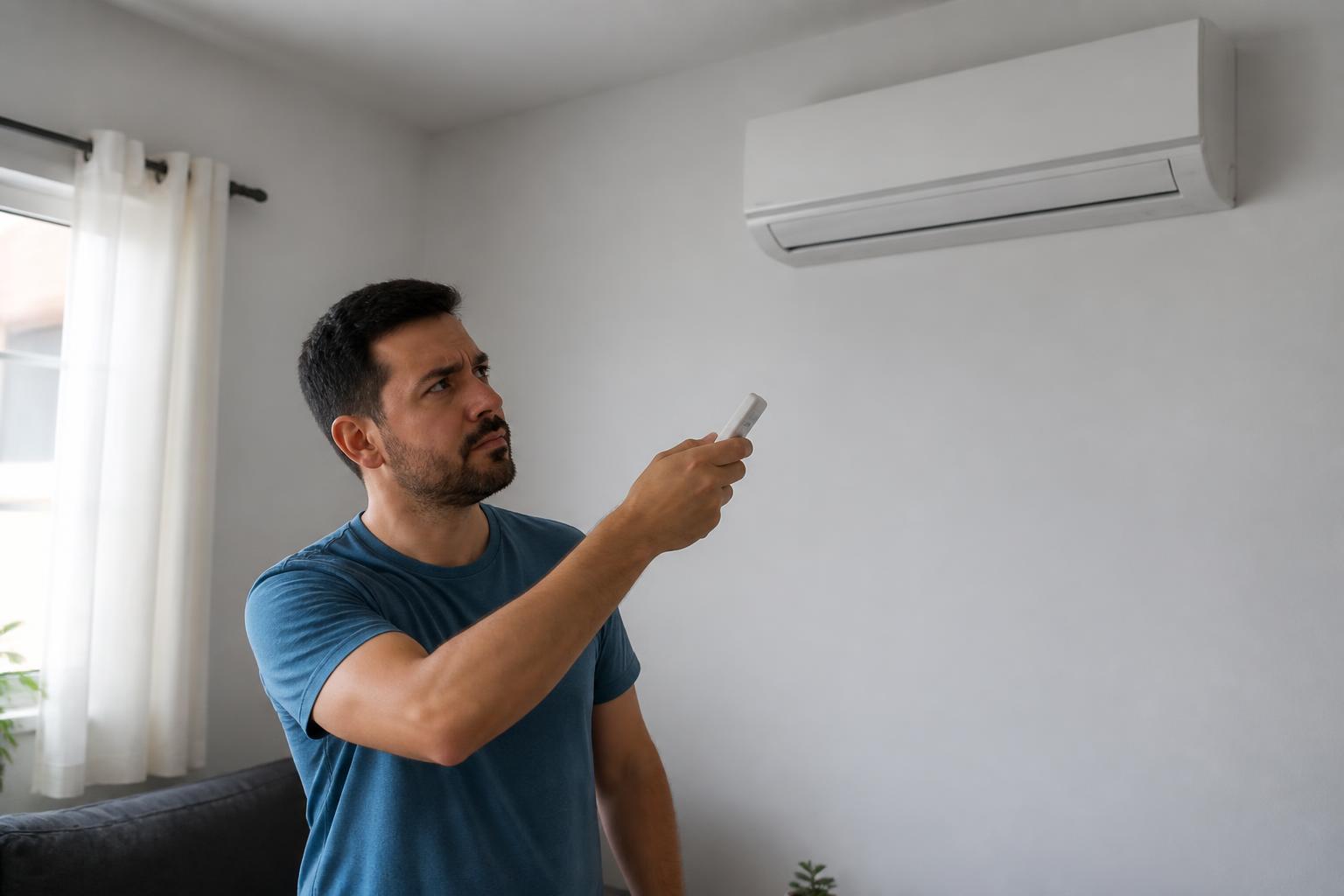 Homem apontando o controle remoto para um ar-condicionado split desligado na parede da sala