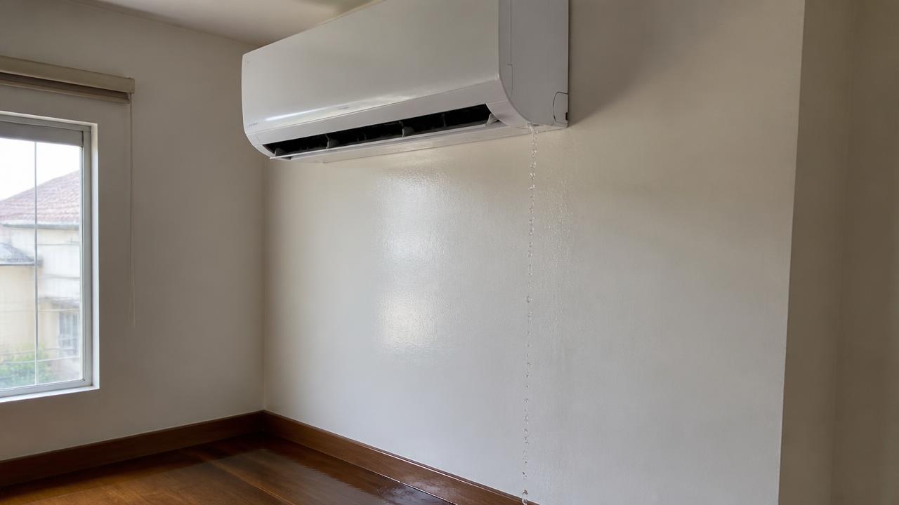 Ar-condicionado split branco na parede com água escorrendo pela lateral inferior até o rodapé
