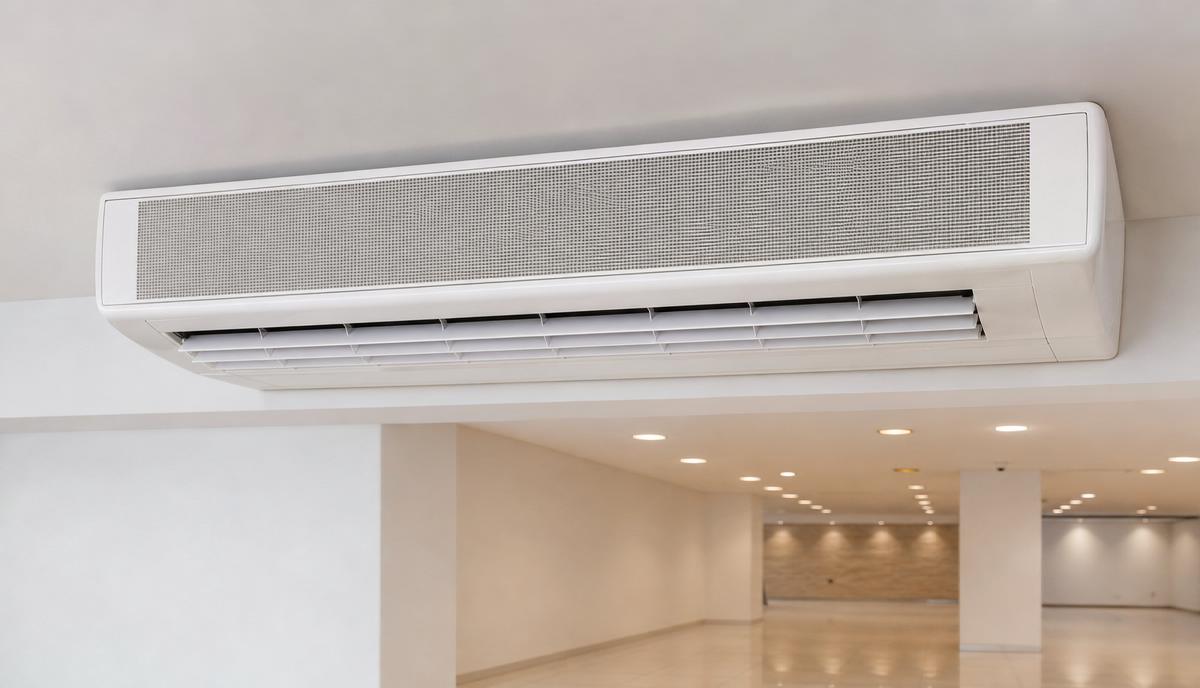 Unidade evaporadora de ar-condicionado piso-teto branca instalada rente ao teto de um salão comercial