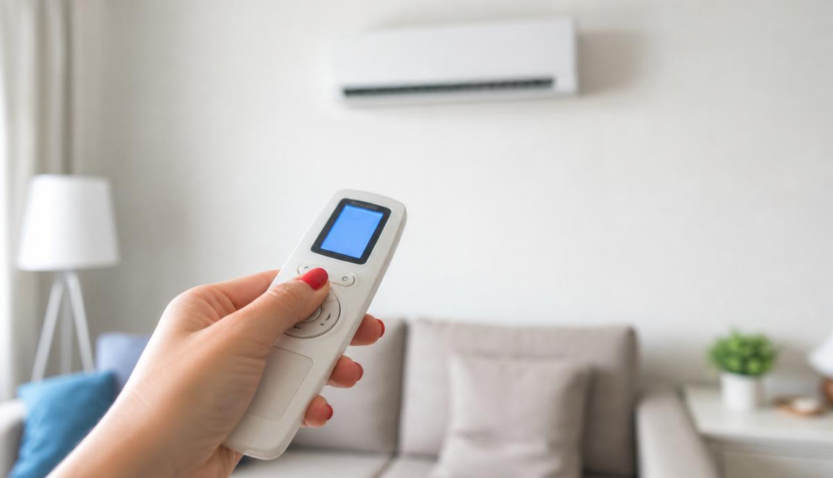 Mão ajustando os modos no controle remoto de um ar-condicionado em uma sala de estar