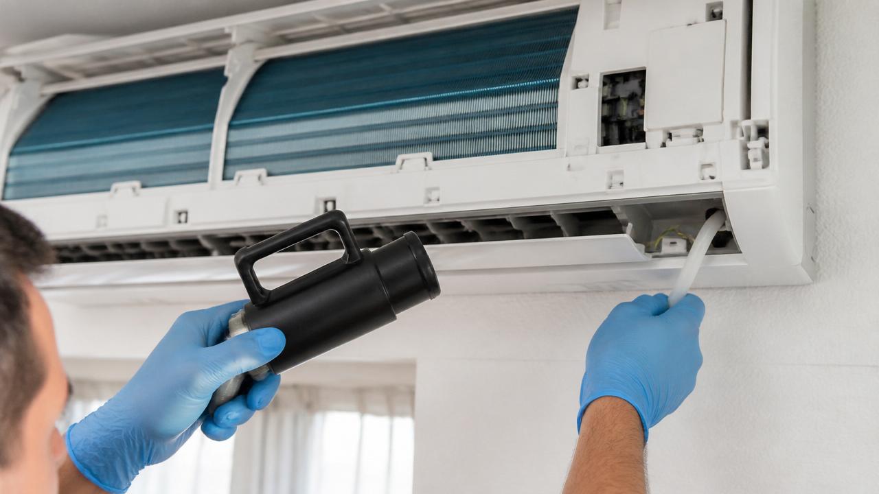 Técnico com luvas desobstruindo a mangueira de dreno de um ar-condicionado split com a tampa frontal removida