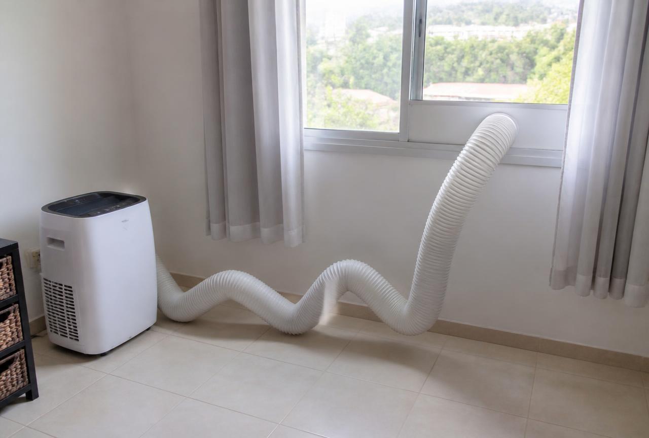 Duto de exaustão de ar-condicionado portátil com dobras excessivas dentro da sala.