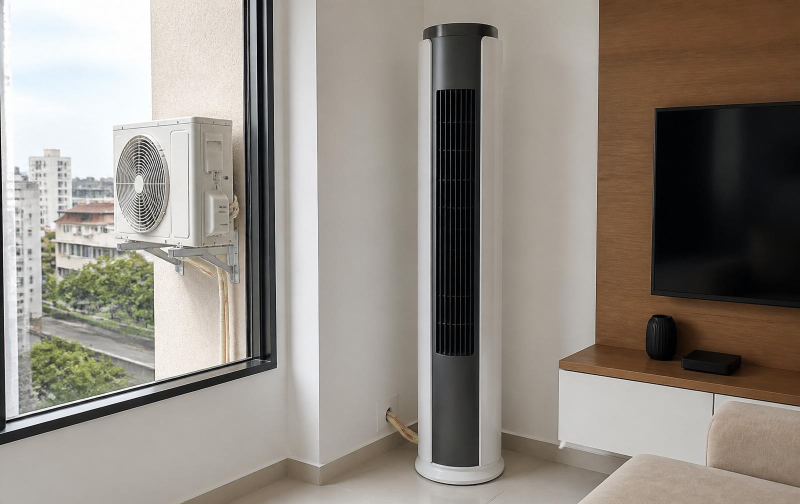 Ar-condicionado vertical de coluna instalado como sistema split, com unidade interna de piso e condensadora externa