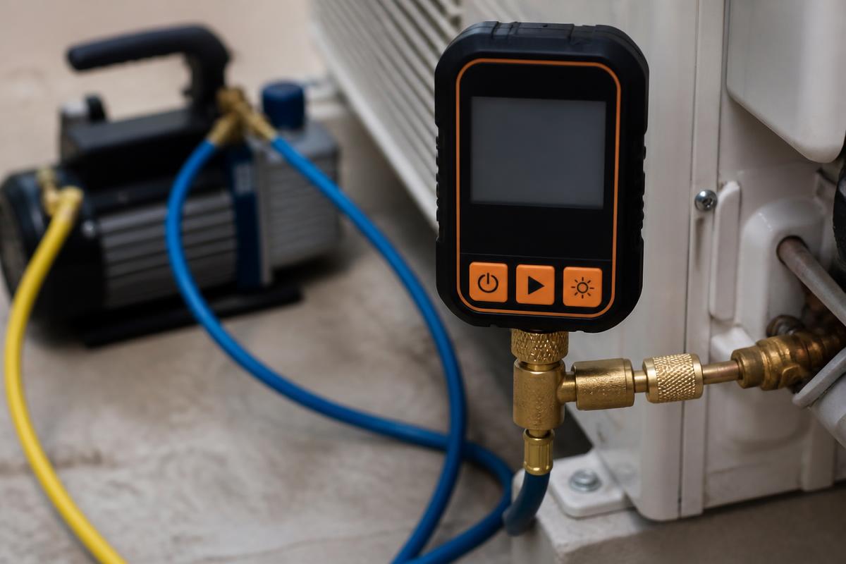 Vacuômetro digital conectado à linha durante o processo de vácuo do ar-condicionado