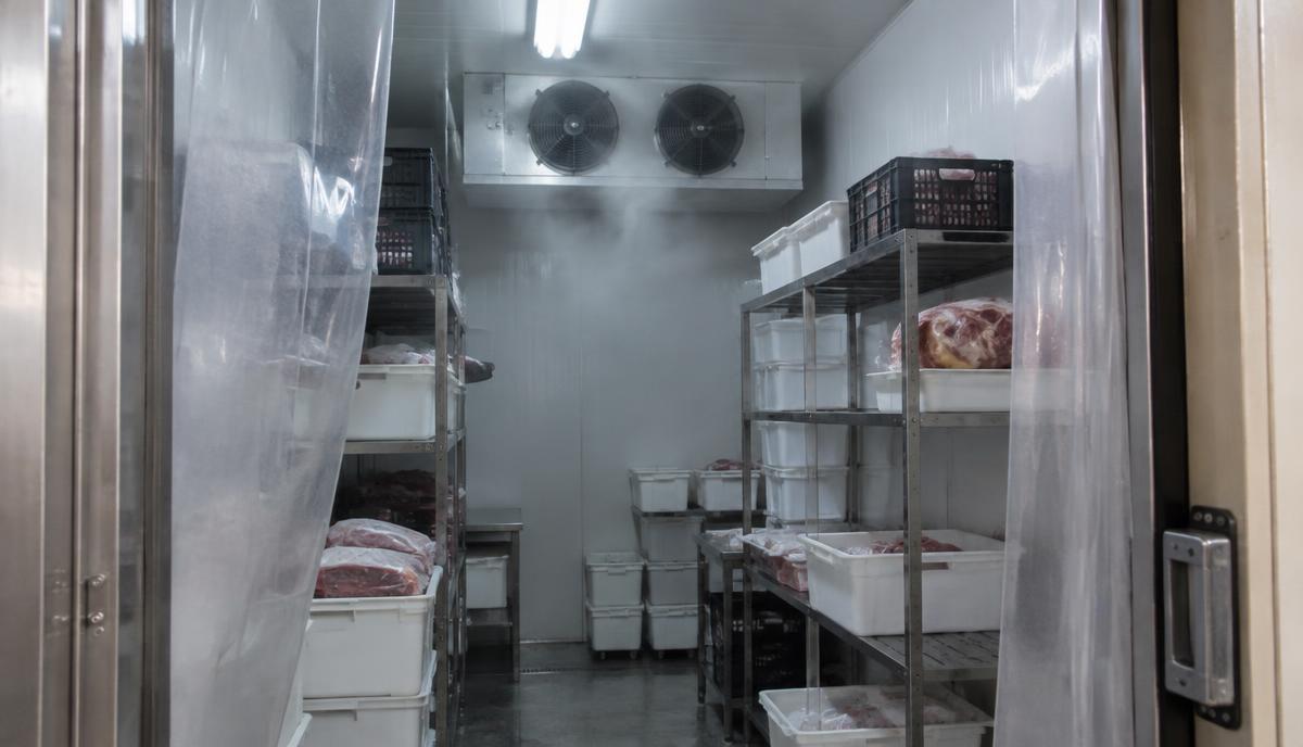 Interior de câmara fria comercial com prateleiras organizadas, porta de isopor e evaporadora no teto