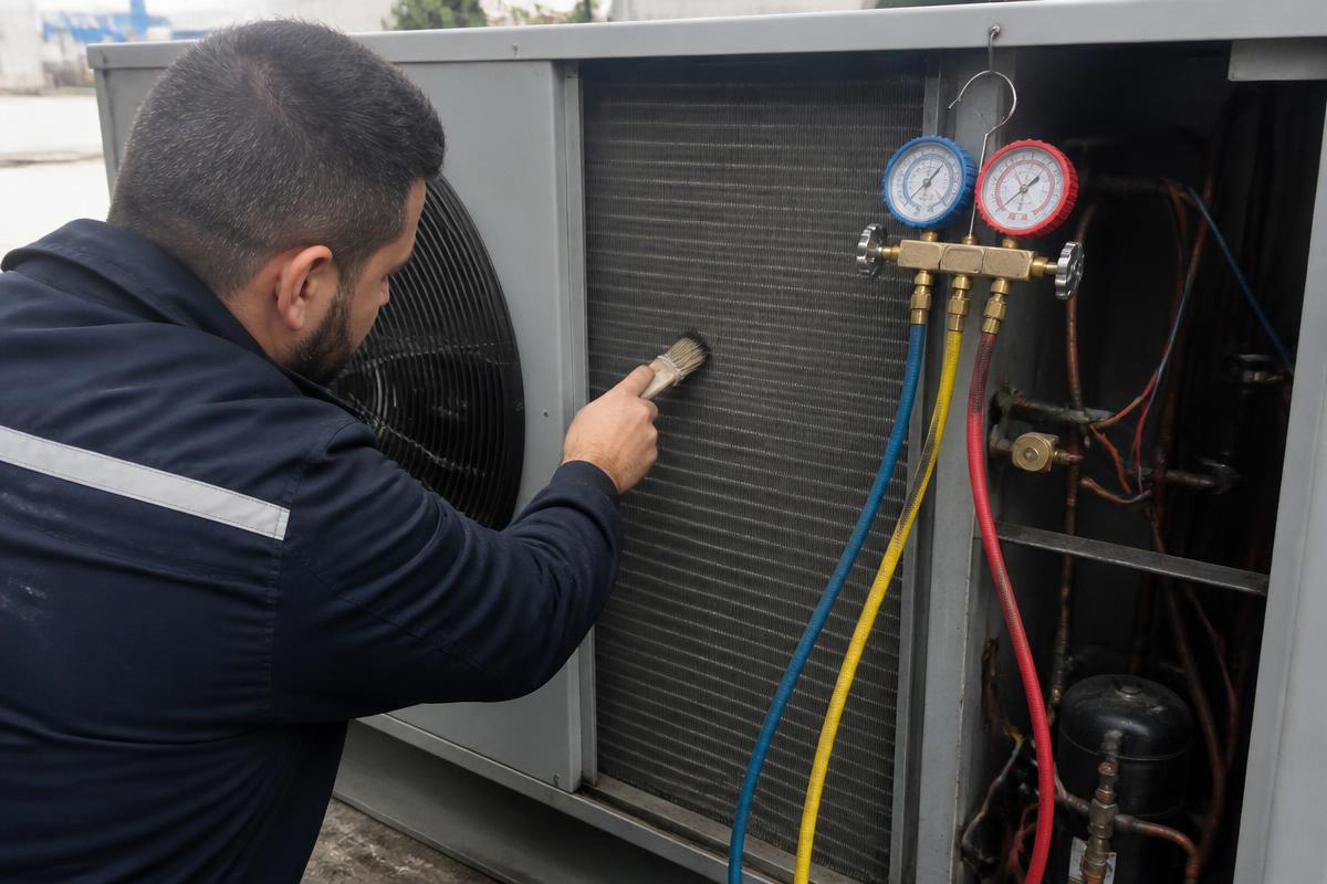 Técnico limpando o condensador da unidade condensadora de câmara fria com manifold conectado