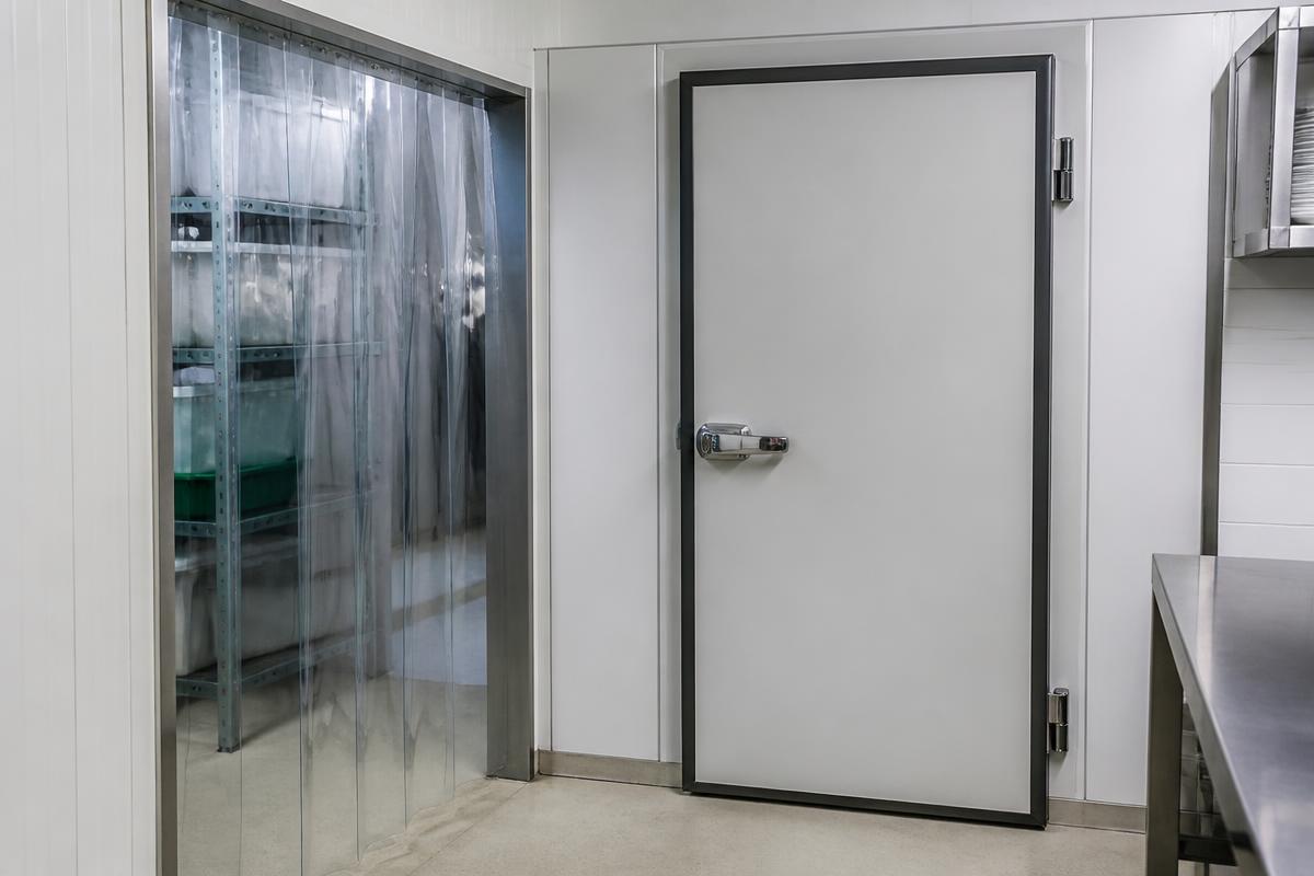 Porta de câmara fria com vedação e cortina de tiras de PVC na entrada