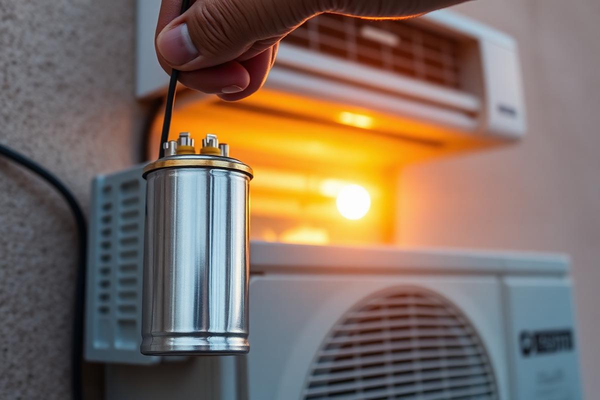 Capacitor cilíndrico de ar-condicionado segurado na frente da unidade condensadora de um split