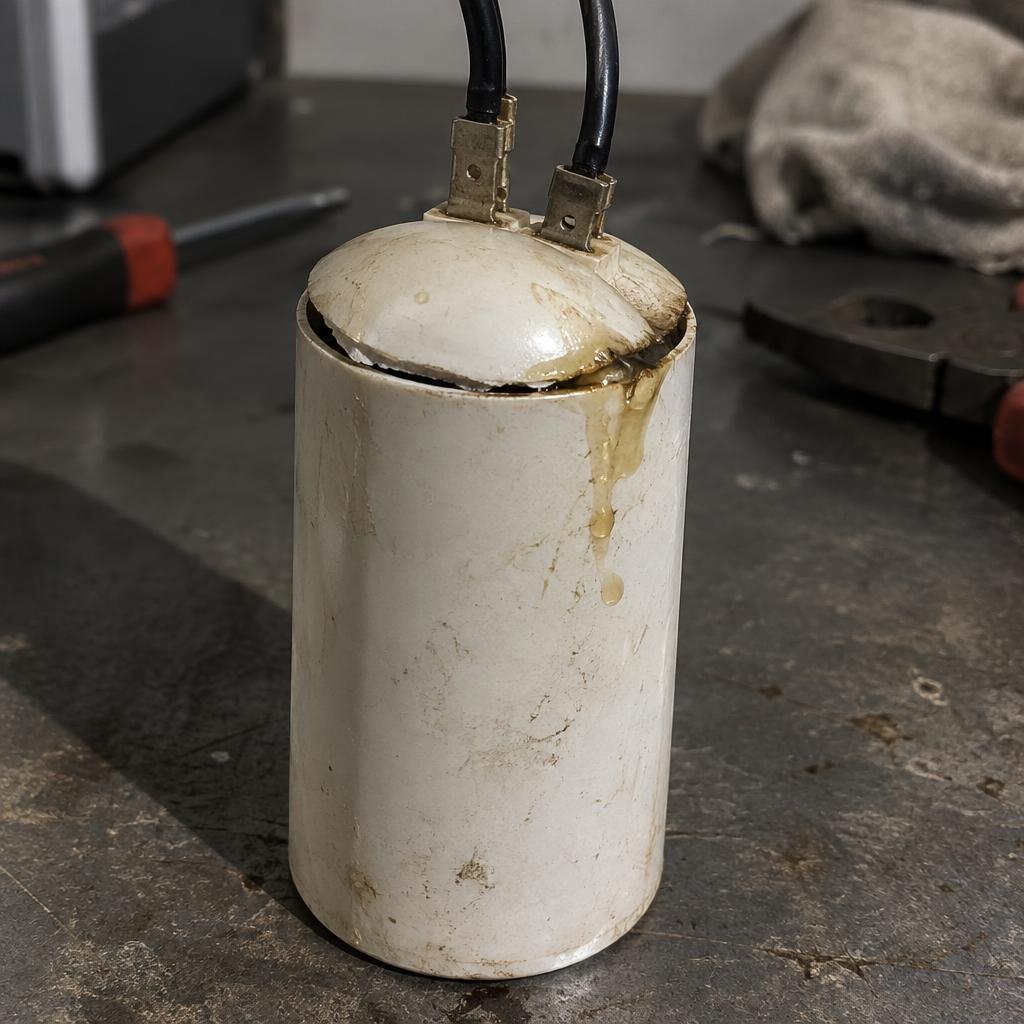 Capacitor de lavadora estufado durante inspeção técnica