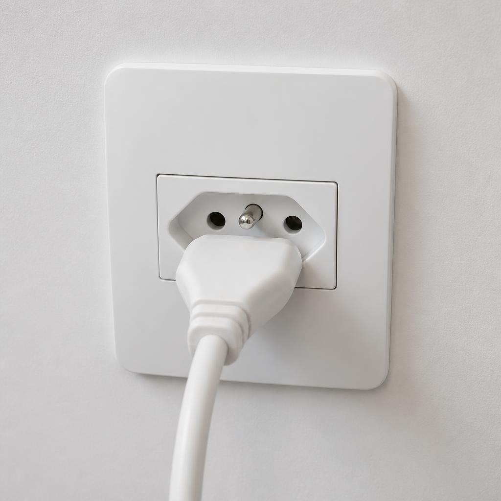 Tomada padrão brasileiro NBR 14136 de três pinos com plugue de máquina de lavar corretamente conectado, mostrando o pino central de aterramento