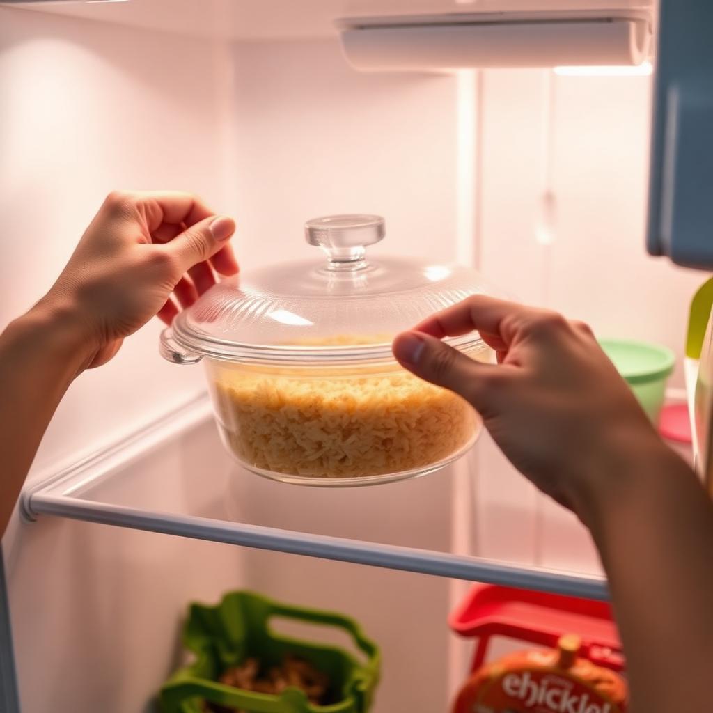 Recipiente com comida morna sendo colocado em geladeira organizada