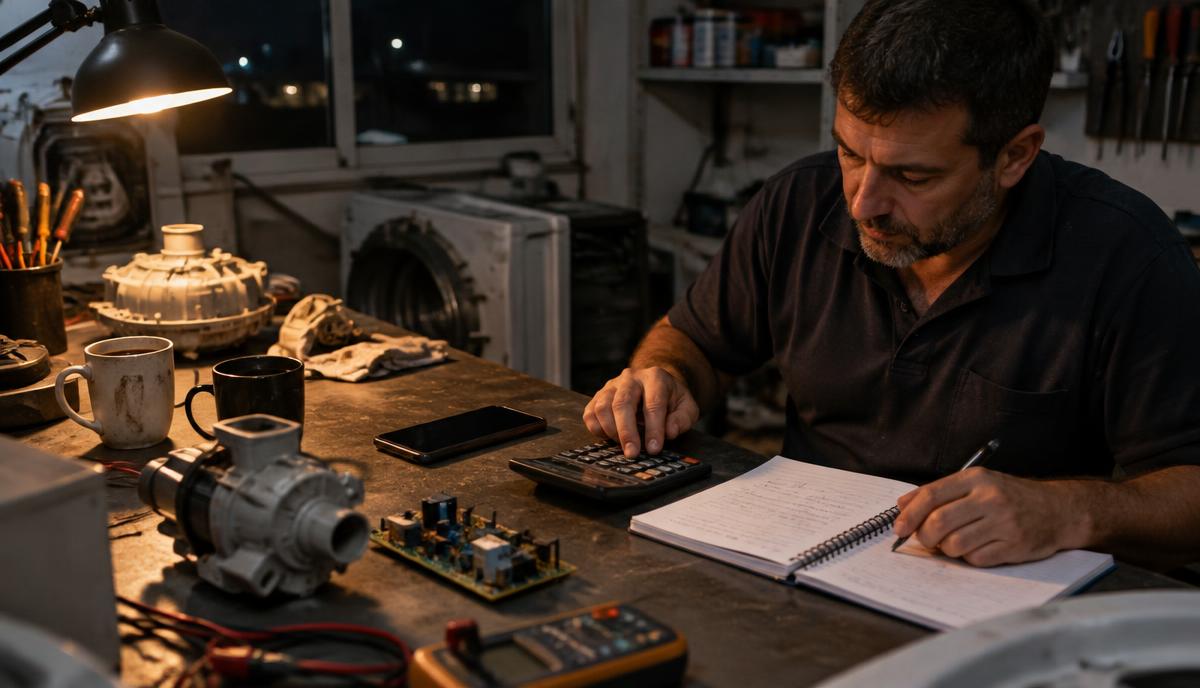Técnico autônomo calculando orçamento com calculadora e caderno de ordens de serviço na bancada