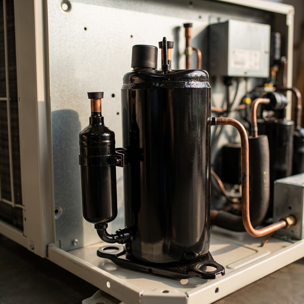 Unidade condensadora aberta mostrando o compressor rotativo e o capacitor