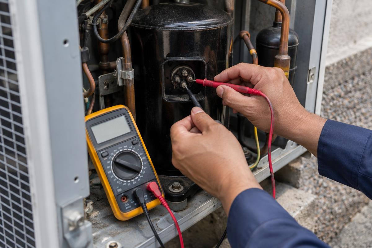 Técnico medindo com multímetro os terminais do compressor dentro da unidade condensadora aberta