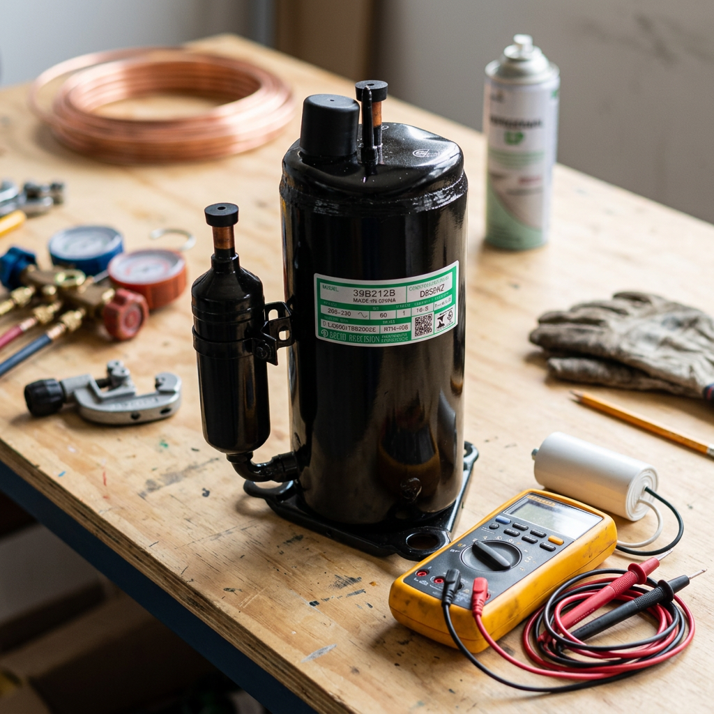 Compressor rotativo de ar-condicionado sobre bancada de reparo com capacitor ao lado