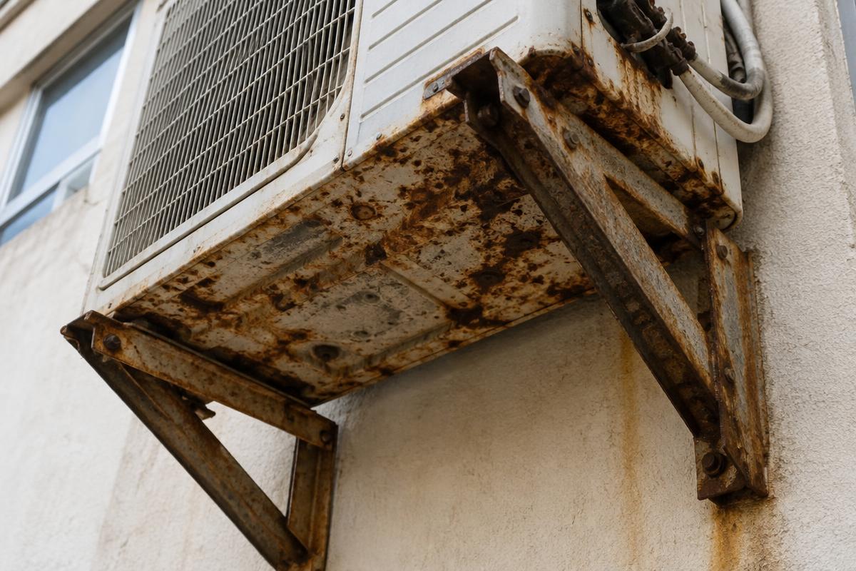Base e suporte de parede de uma condensadora de ar-condicionado tomados por ferrugem avançada
