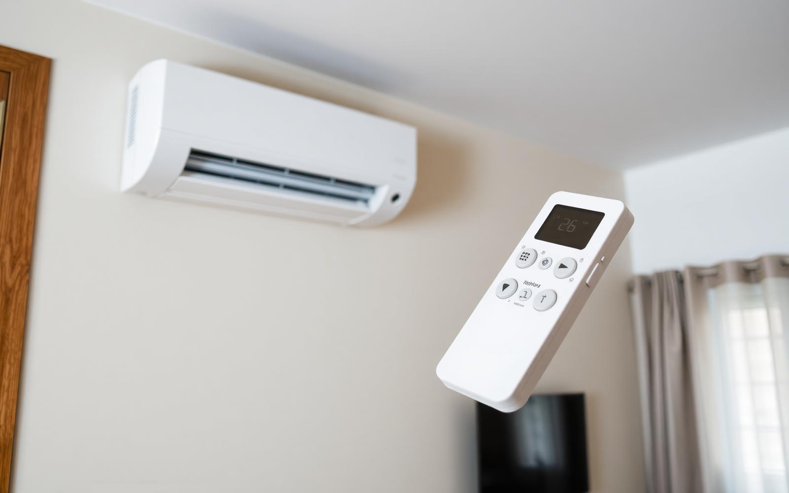 Controle remoto de ar-condicionado split com o modo aquecer (símbolo de sol) selecionado