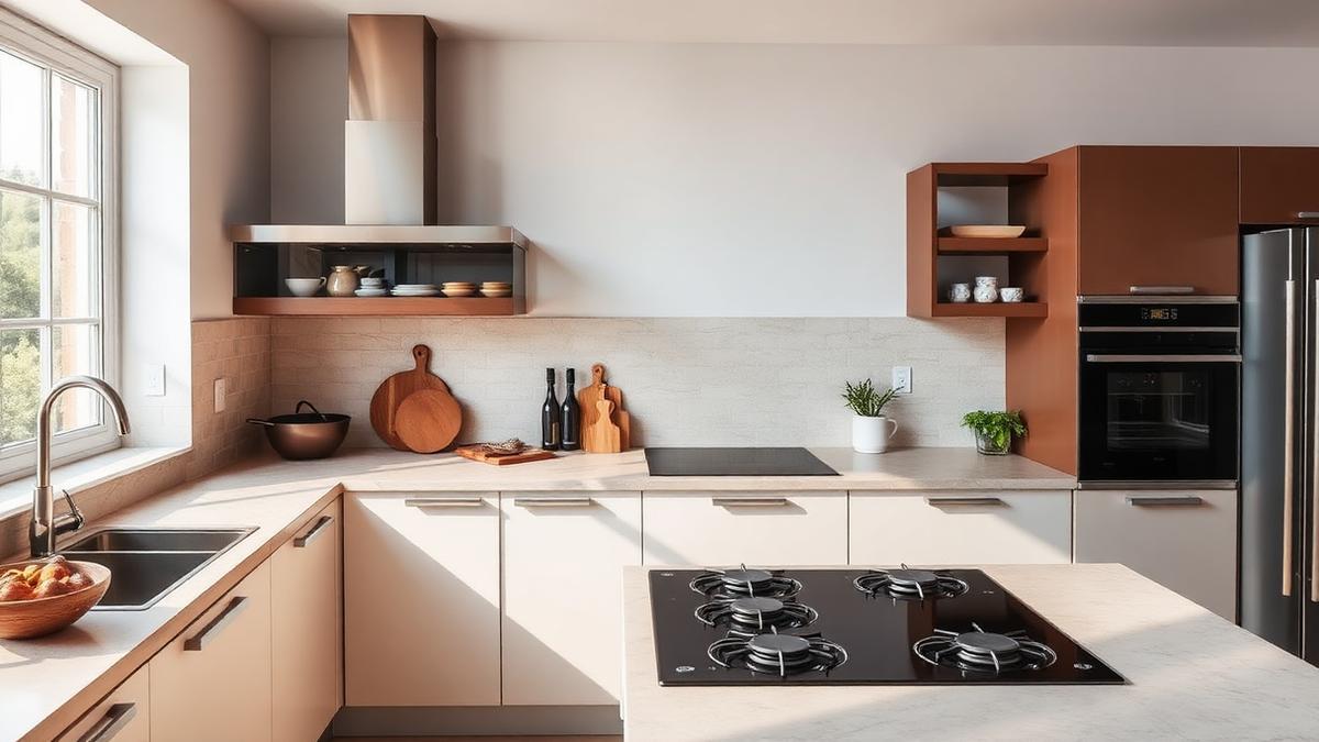Cozinha planejada com cooktop embutido e forno elétrico separado na altura dos olhos