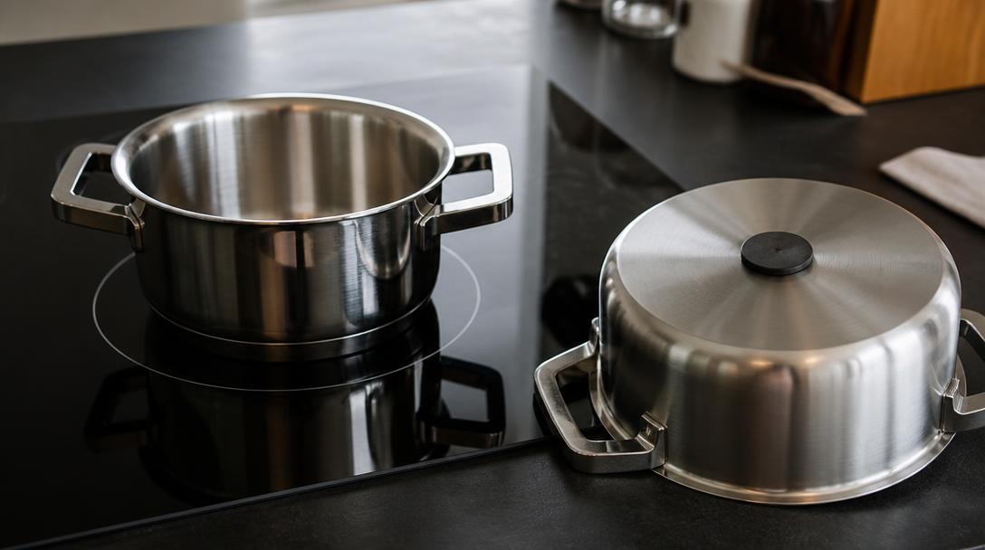 Panela de fundo ferromagnético centralizada sobre a zona de um cooktop de indução