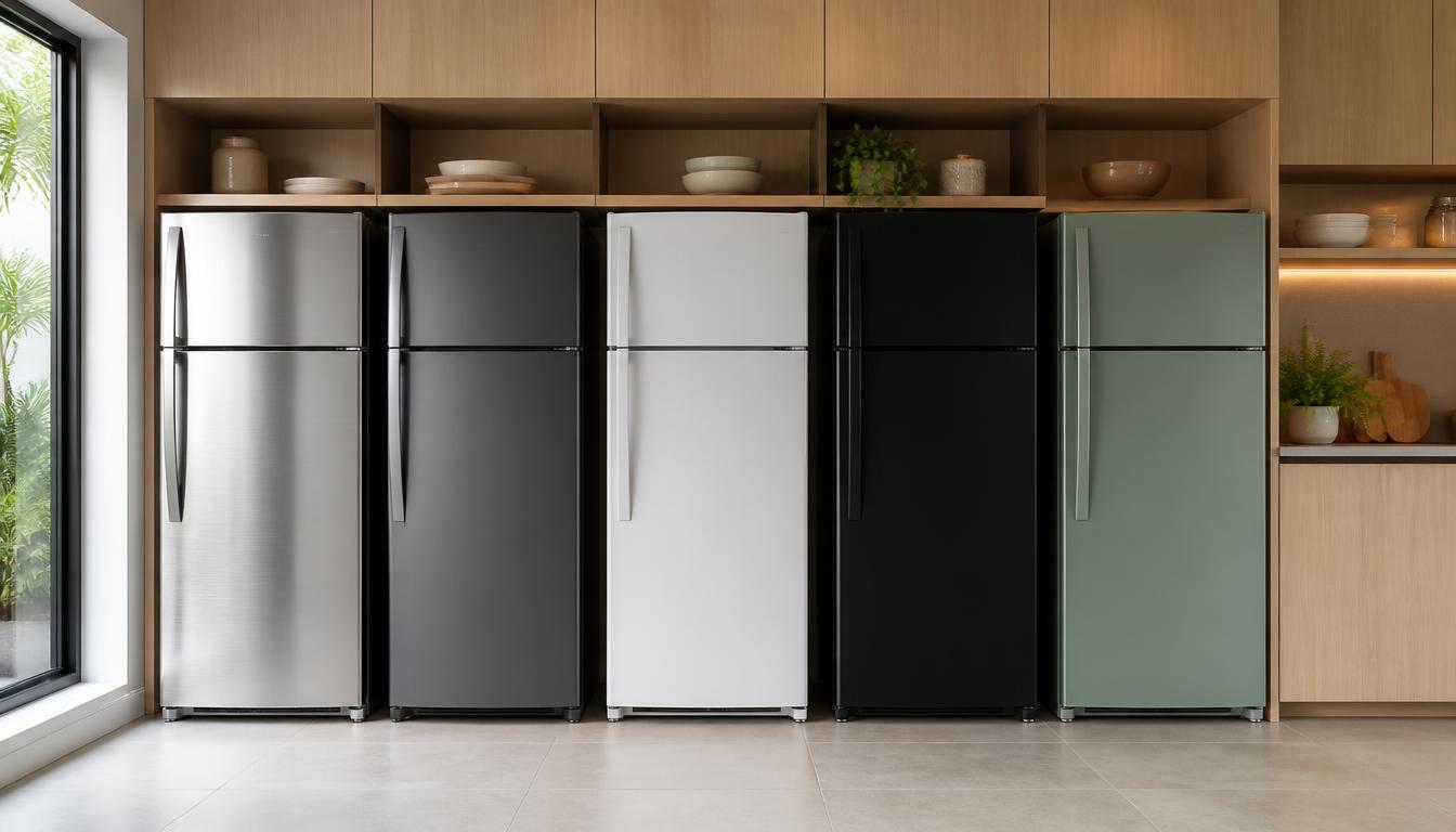 Cinco geladeiras duplex de cores diferentes em uma cozinha contemporânea: inox escovado, cinza, branca, preta e verde-sálvia