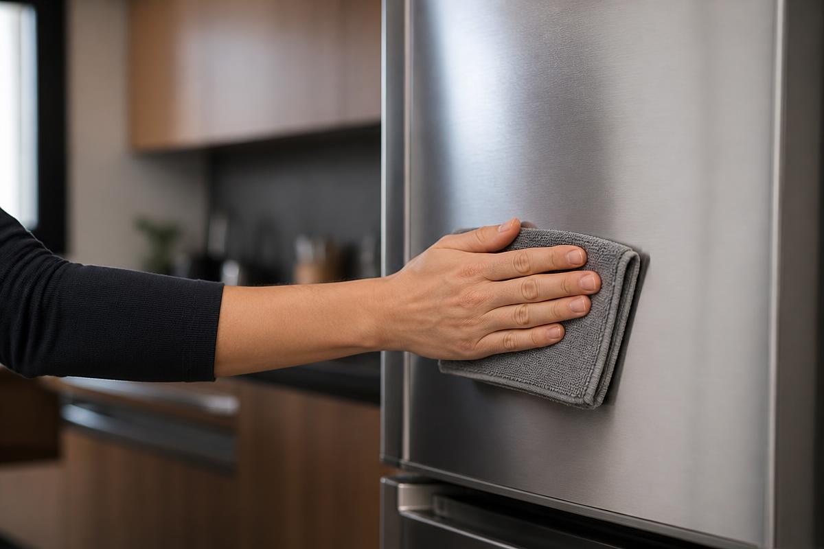 Mão passando pano de microfibra cinza na porta fechada de uma geladeira de aço inox escovado