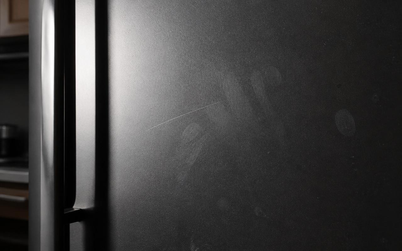 Close de porta de geladeira preta fosca sob luz rasante mostrando poeira fina, marcas de dedo e um risco superficial