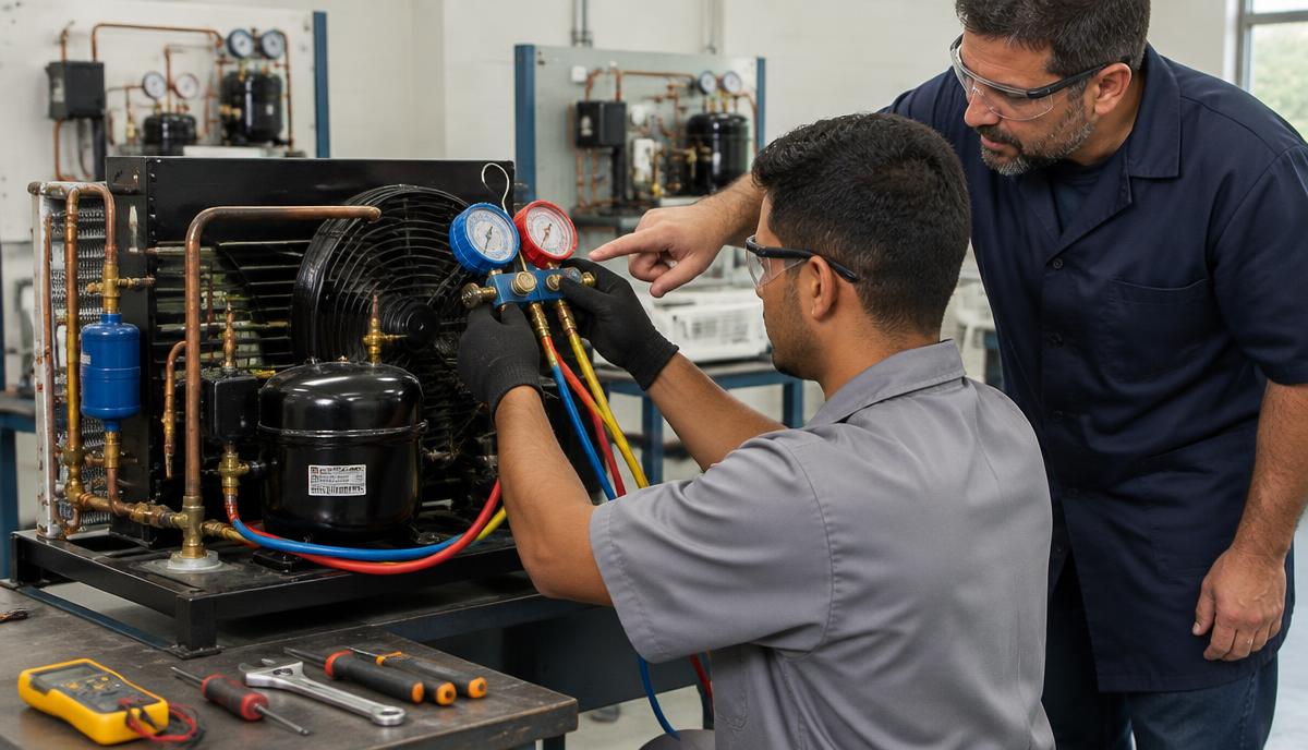 Instrutor ensinando alunos em bancada de refrigeração com geladeira aberta e ferramentas em curso técnico