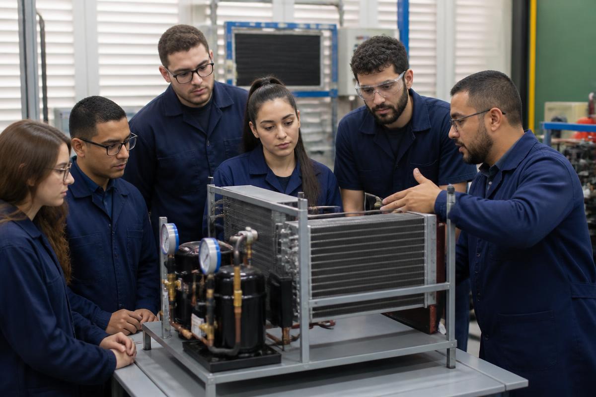 Alunos em aula prática de refrigeração em volta de bancada didática com instrutor